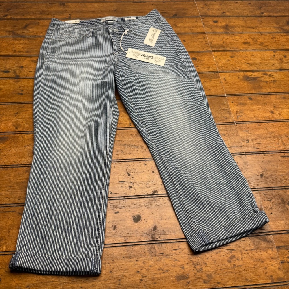 Vintage America Blues Boho Crop Striped Wide Leg Cuffed Jeans Blue White 8/29